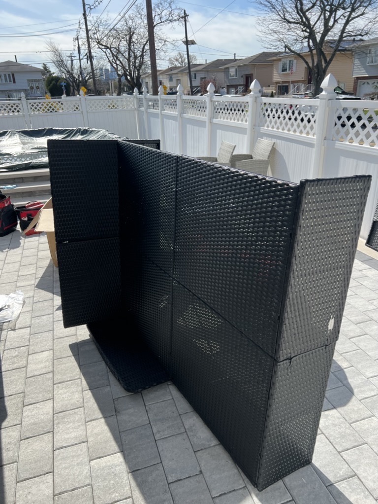 Related views of outdoor furniture components being assembled